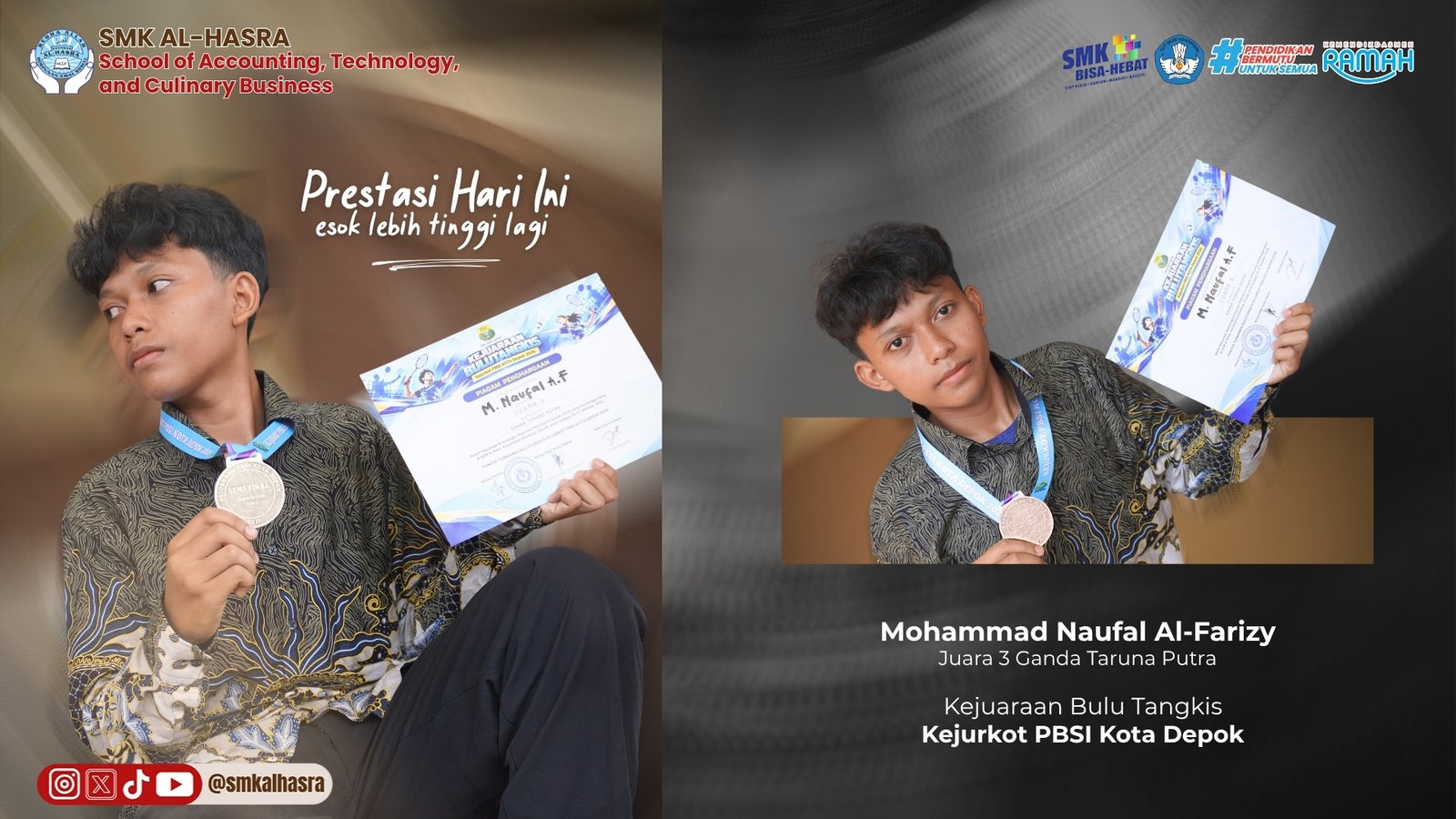 Prestasi Hari Ini, Esok Lebih Tinggi Lagi! Siswa XI TKJ SMK Al-Hasra, Naufal Al-Farizy Raih Juara 3 di Kejurkot PBSI Kota Depok